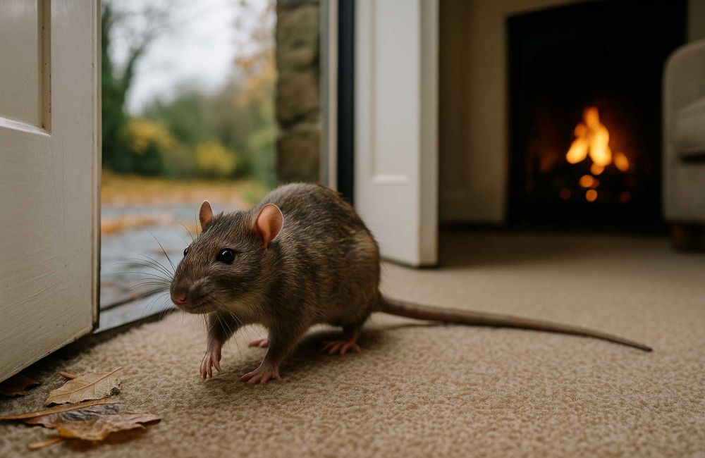 Brown rat entering UK home through open door in autumn