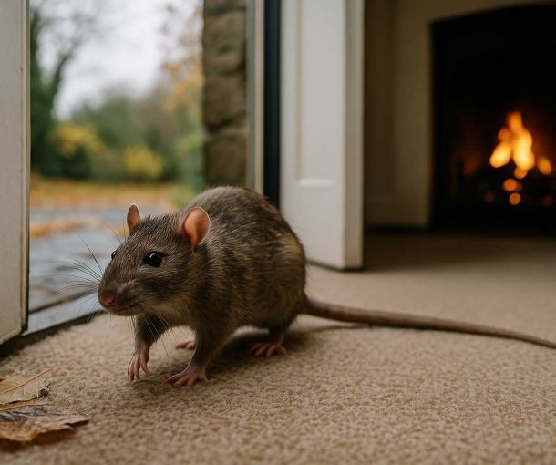 Brown rat entering UK home through open door in autumn