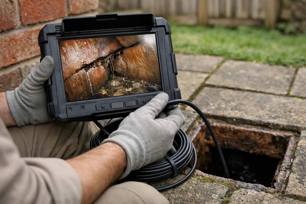 Drain survey camera showing cracked underground pipe during inspection