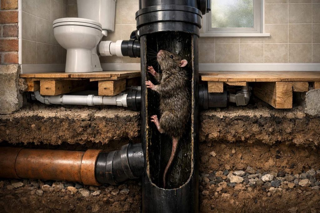 Rat Climbing Up Drain Pipe Toward Household Toilet
