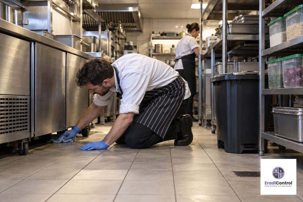 Restaurant staff cleaning underneath commercial kitchen equipment to help prevent cockroaches