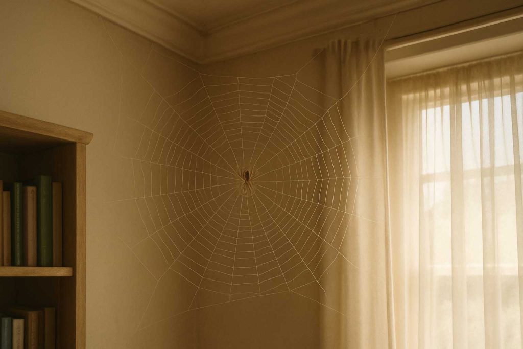 Spider web with female house spider in quiet indoor corner during autumn mating season