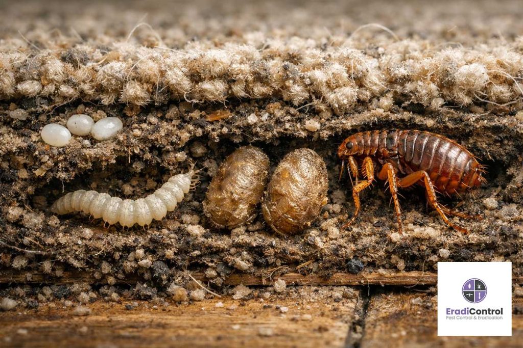 Flea lifecycle stages developing in carpet in UK home