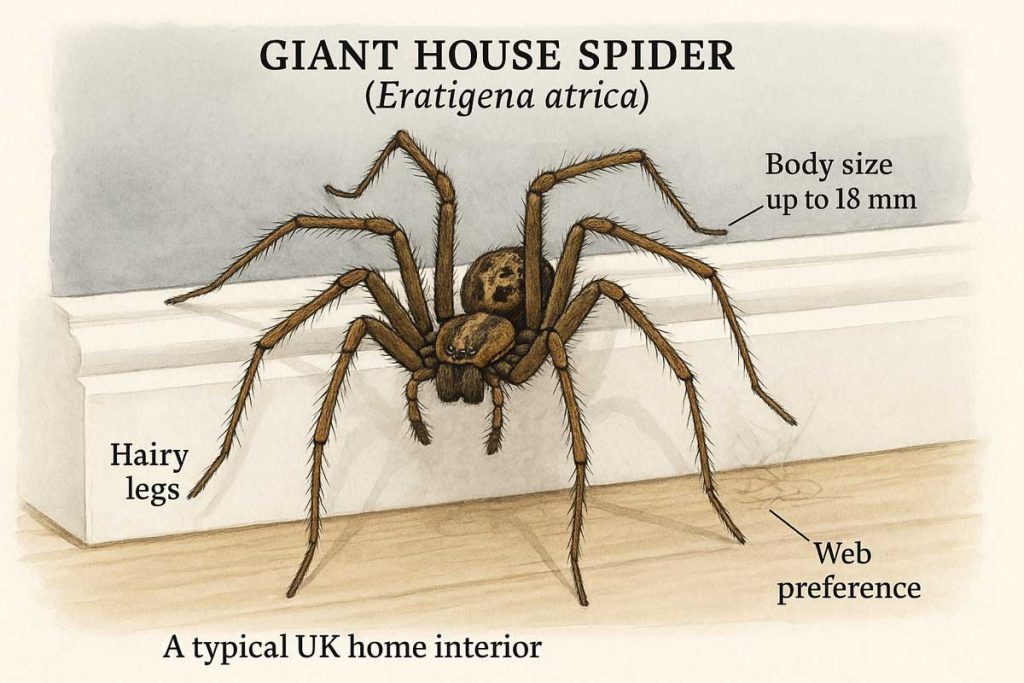 Illustrated Giant House Spider on white skirting board showing identifiable features