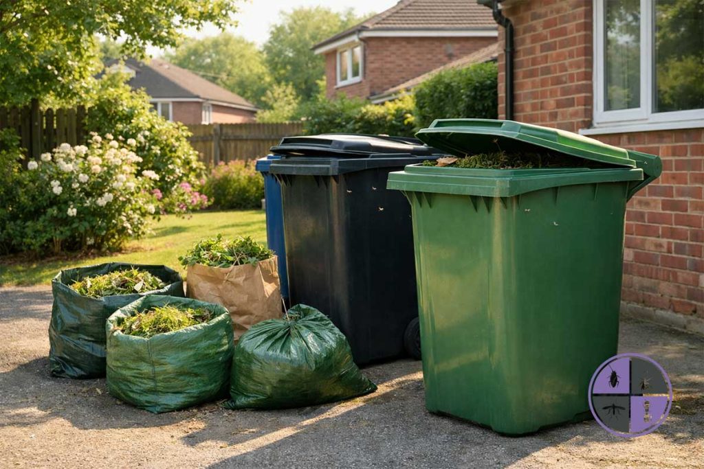 Increased fly activity around household bins in a UK garden during late spring