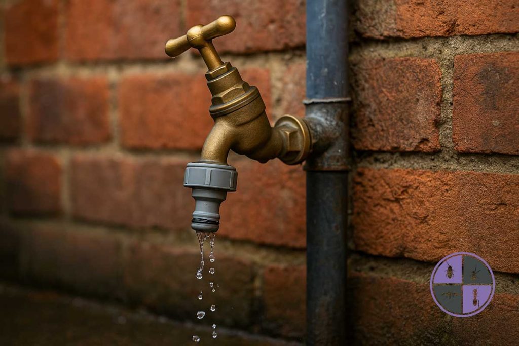 Dripping brass garden tap attached to red brick wall, with water droplets falling in soft daylight