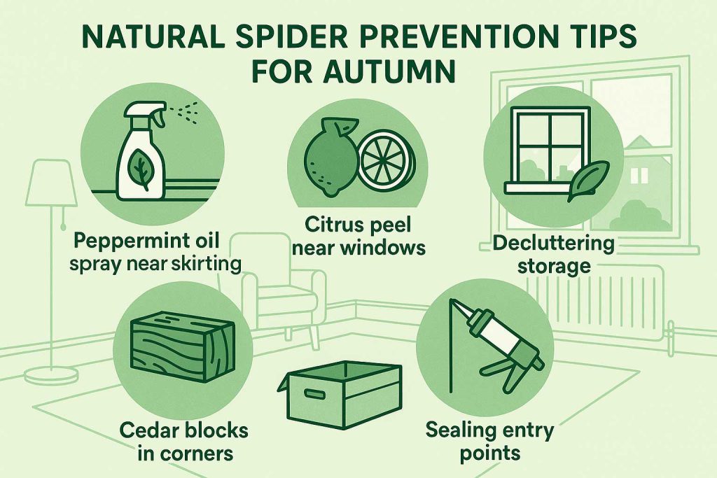 Infographic showing natural spider prevention methods including peppermint oil spray