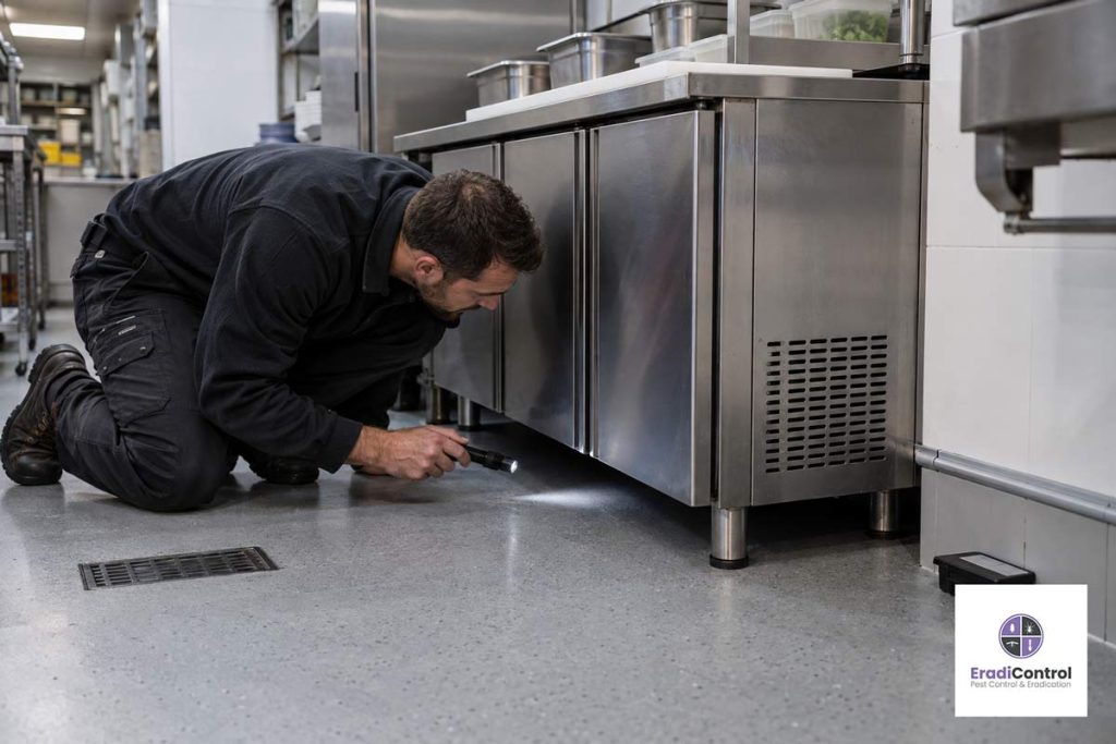 Pest control technician inspecting a Southampton commercial kitchen for cockroaches