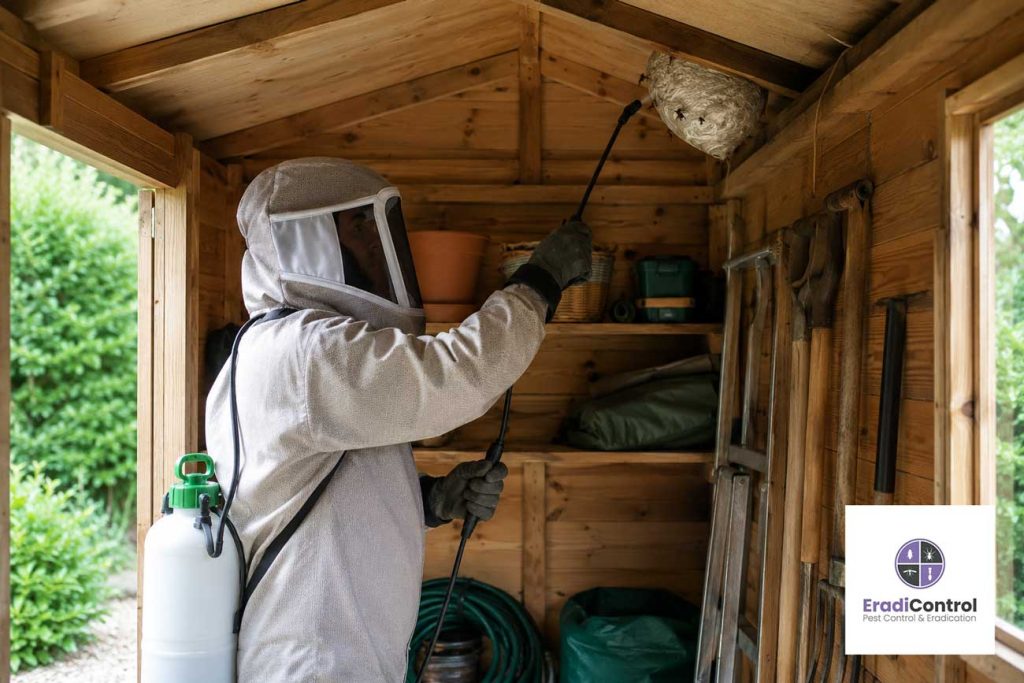Professional wasp nest treatment being carried out at a UK home