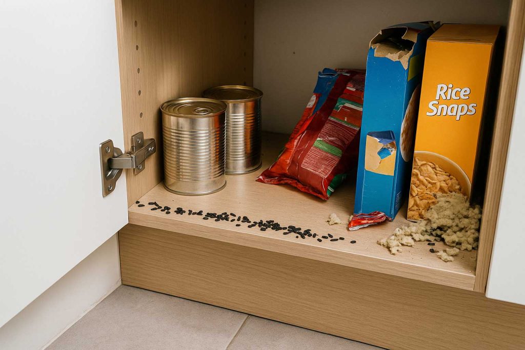 Rat droppings and gnawed food in UK kitchen cupboard
