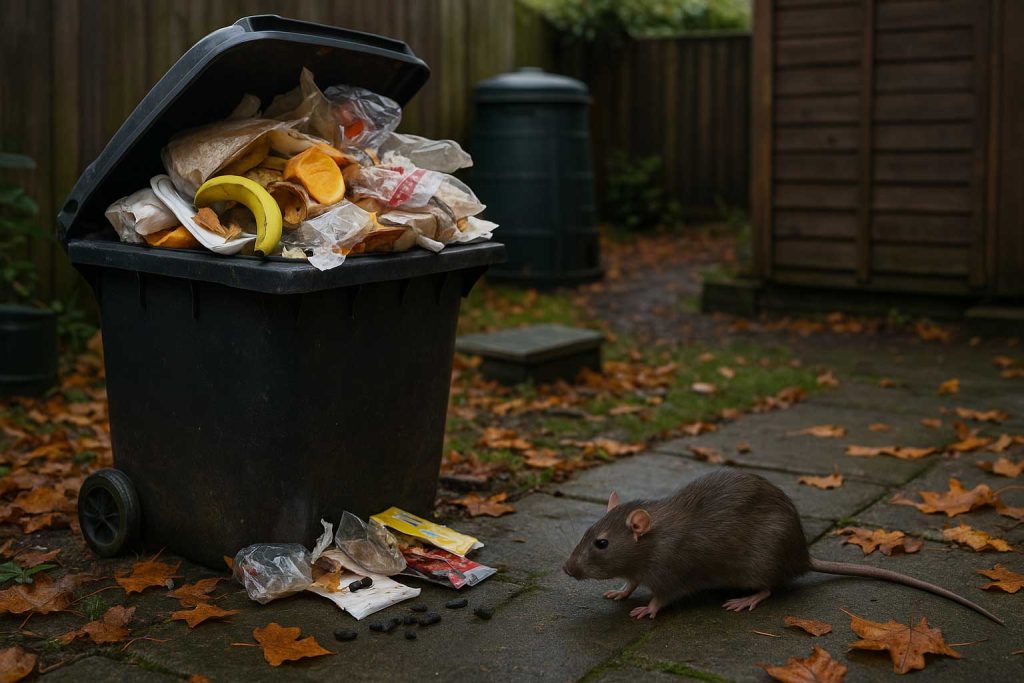 Brown rat foraging near overflowing bin in autumn UK garden