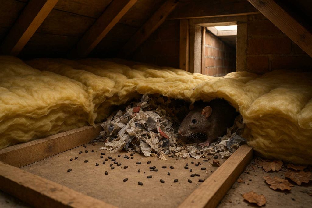 Rat nest hidden in UK loft insulation