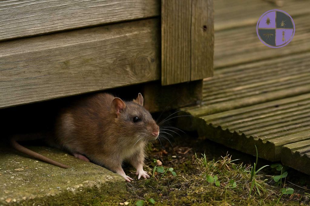 Brown rat emerging from beneath a wooden shed next to garden decking in a UK backyard
