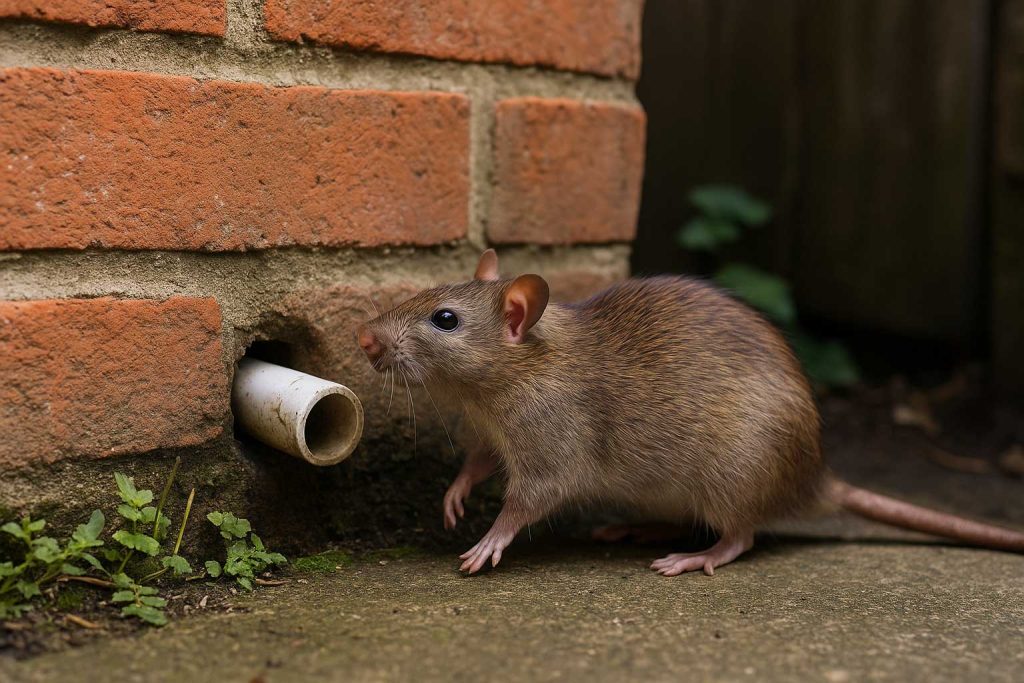 Common rodent entry hole around outdoor pipe in UK home brickwork