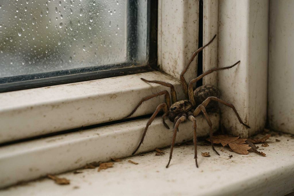 Spider entering UK home through crack in old window frame