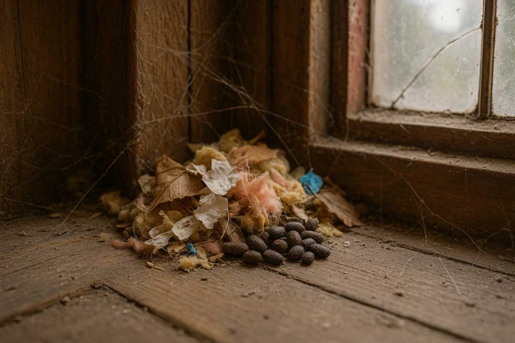 Squirrel droppings and nesting debris in attic