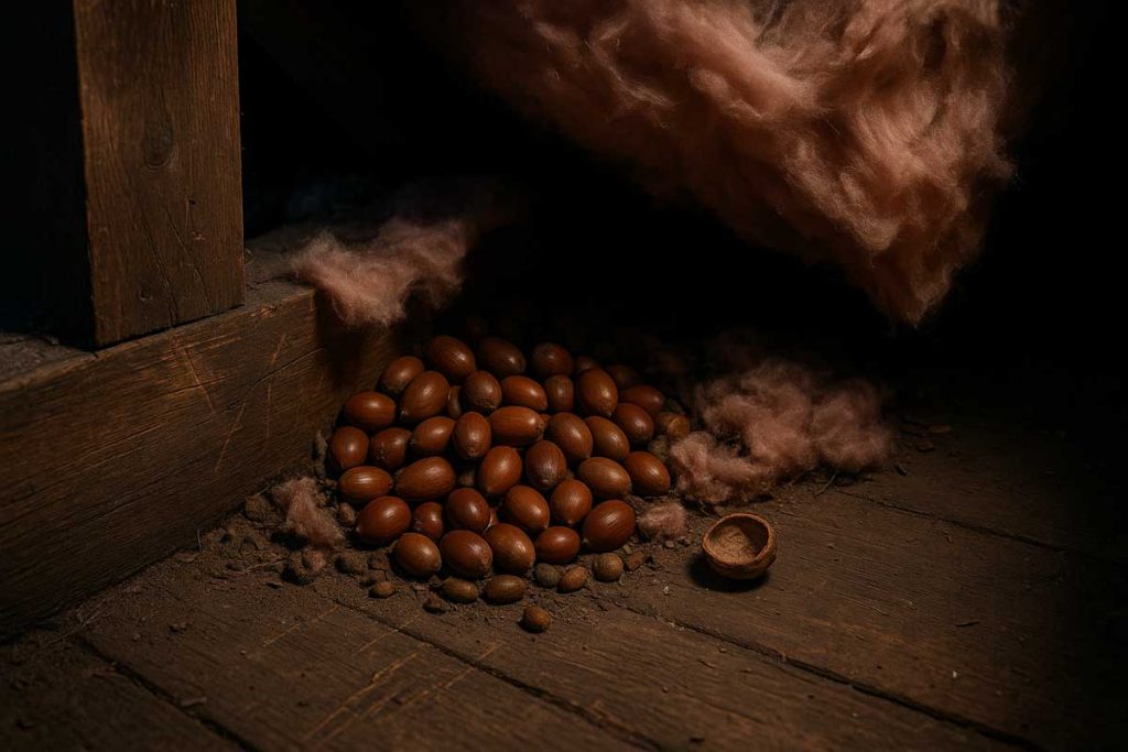 Squirrel food stash in UK loft corner