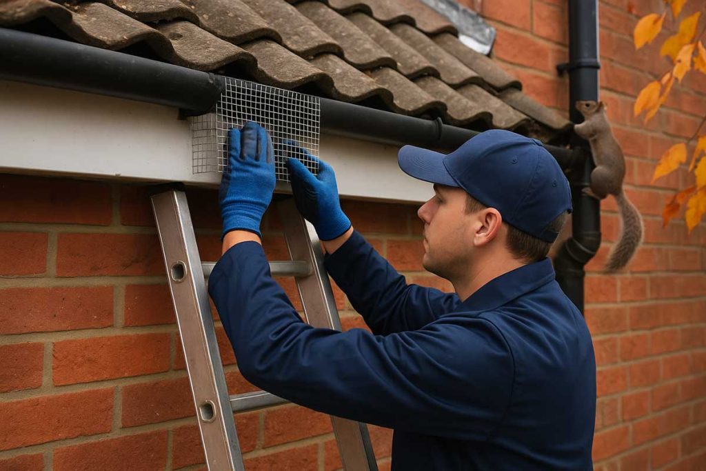 Technician sealing squirrel entry point in UK roof