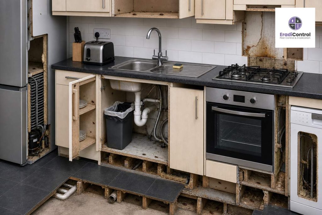 Common hiding places for cockroaches in UK homes including cupboards and behind appliances