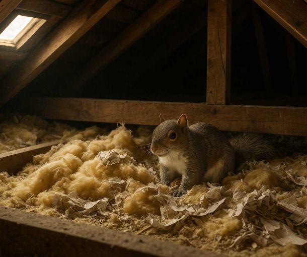 Grey squirrel nesting in UK loft insulation