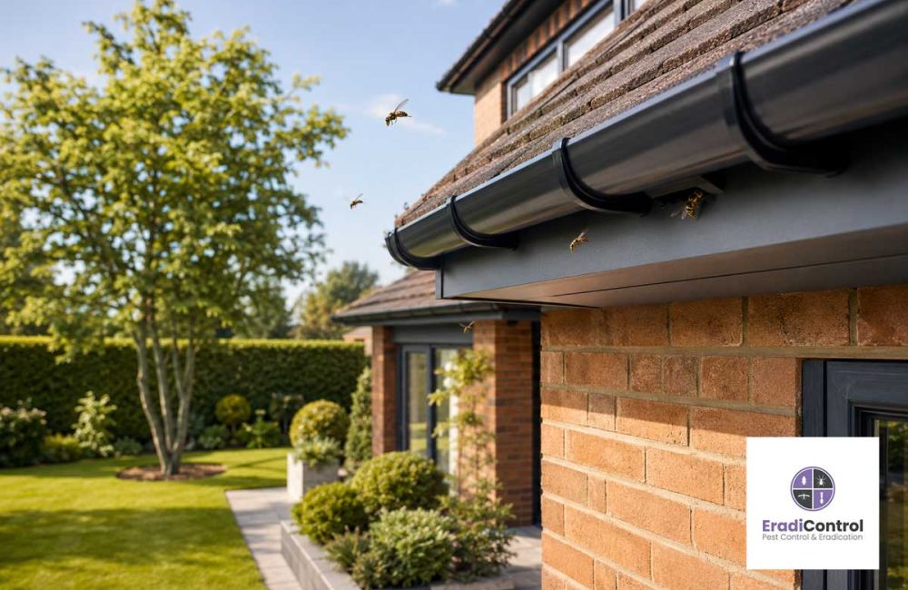 Wasps flying around the roofline of a UK home during summer