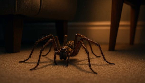 Male house spider crawling across living room carpet during autumn evening in the UK