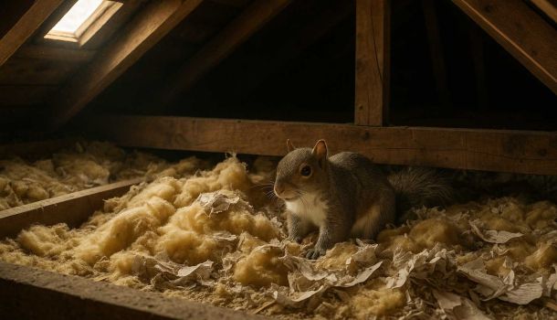 Grey squirrel nesting in UK loft insulation