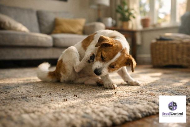 Fleas in carpet in UK home during spring causing pet discomfort