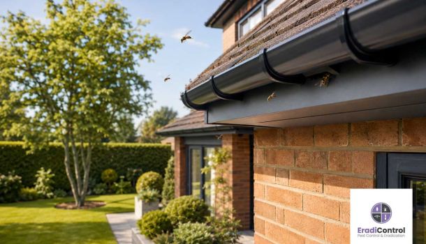 Wasps flying around the roofline of a UK home during summer