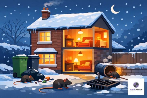 Illustration showing rats attracted to a warm UK home during winter