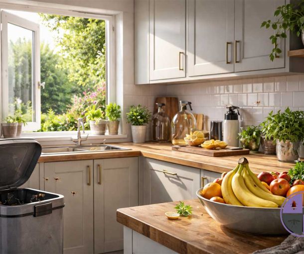 House flies inside a UK kitchen during late spring near a window and kitchen bin