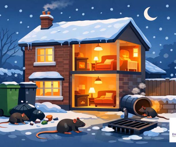 Illustration showing rats attracted to a warm UK home during winter