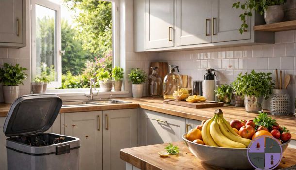 House flies inside a UK kitchen during late spring near a window and kitchen bin