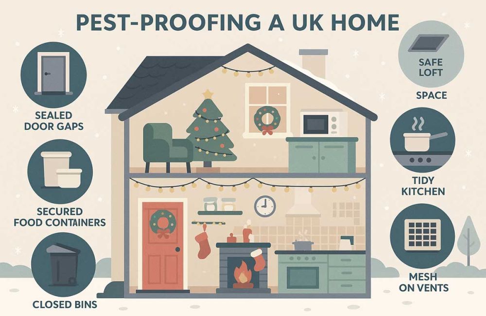 Illustrated infographic showing how to pest proof a UK home for Christmas