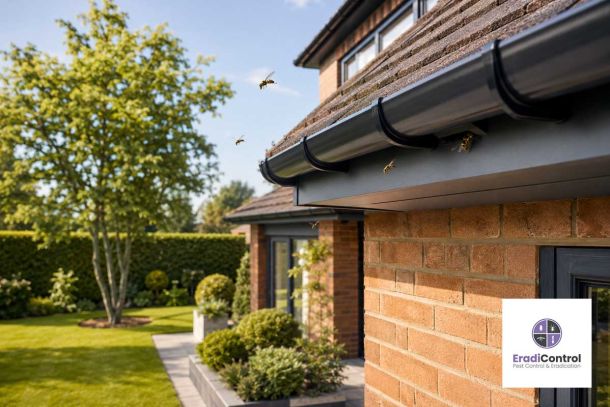 Wasps flying around the roofline of a UK home during summer