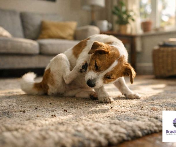 Fleas in carpet in UK home during spring causing pet discomfort