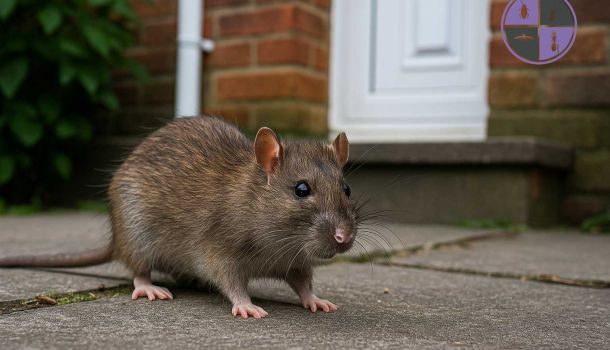 Brown rat on a patio in front of a UK brick home and white door