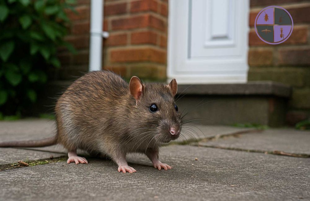 Brown rat on a patio in front of a UK brick home and white door