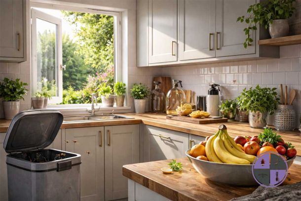 House flies inside a UK kitchen during late spring near a window and kitchen bin
