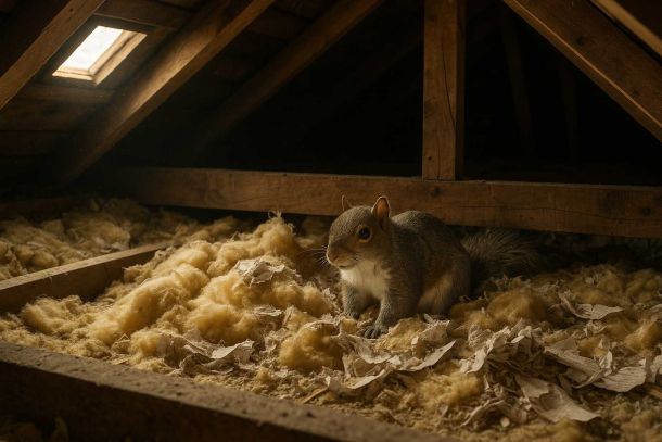 Grey squirrel nesting in UK loft insulation