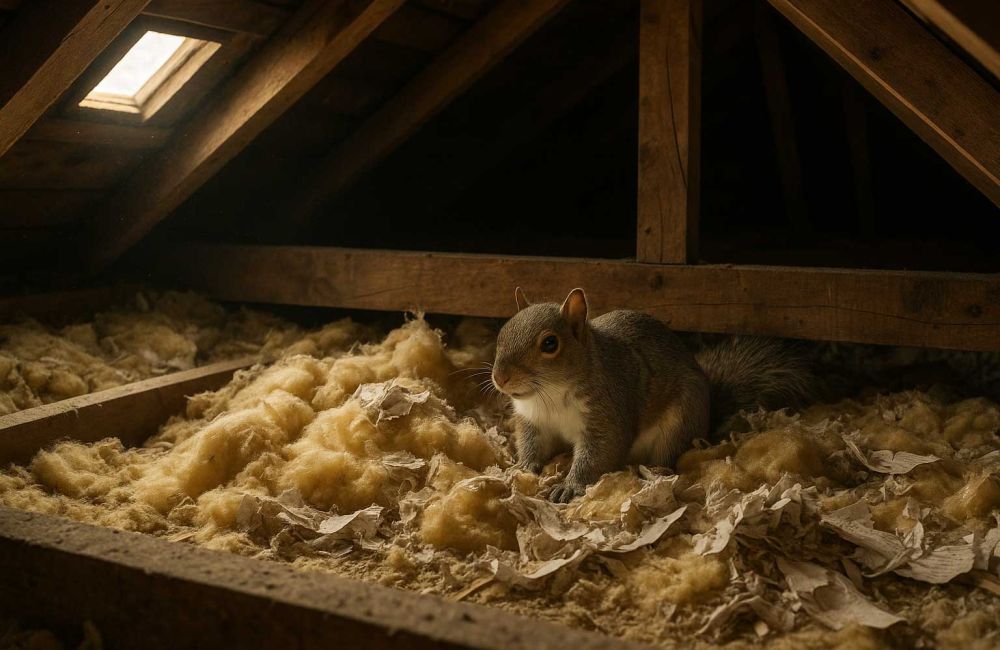 Grey squirrel nesting in UK loft insulation