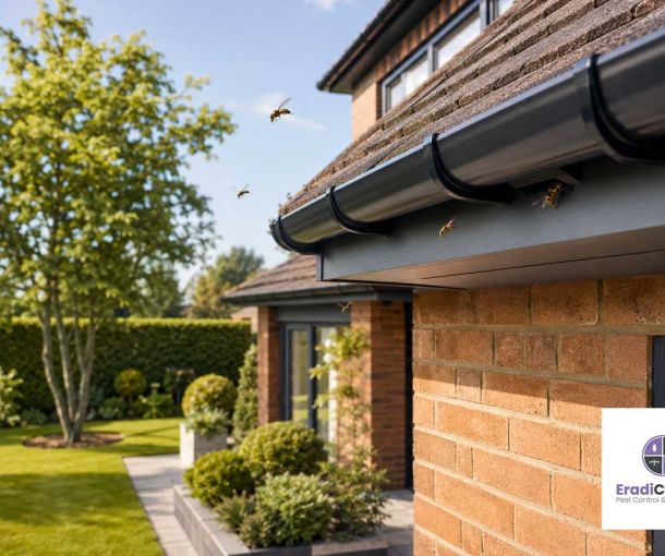 Wasps flying around the roofline of a UK home during summer
