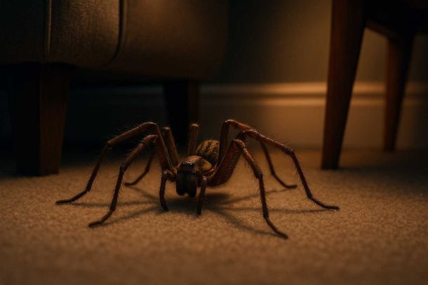 Male house spider crawling across living room carpet during autumn evening in the UK