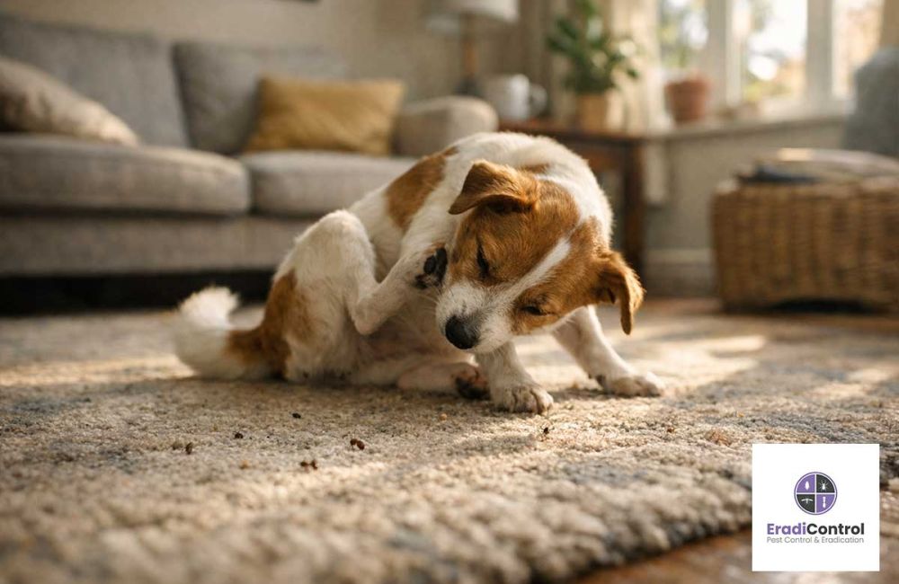 Fleas in carpet in UK home during spring causing pet discomfort